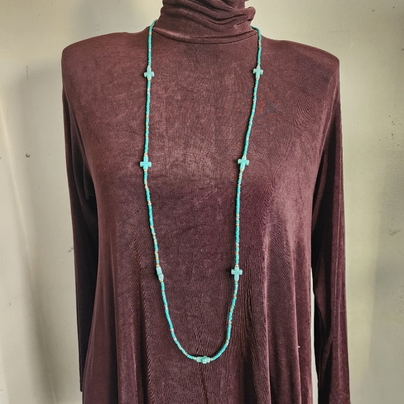 Turquoise Sead Bead Stretch Necklace with Cross Beads Matching Earrings - Picture 6 of 8